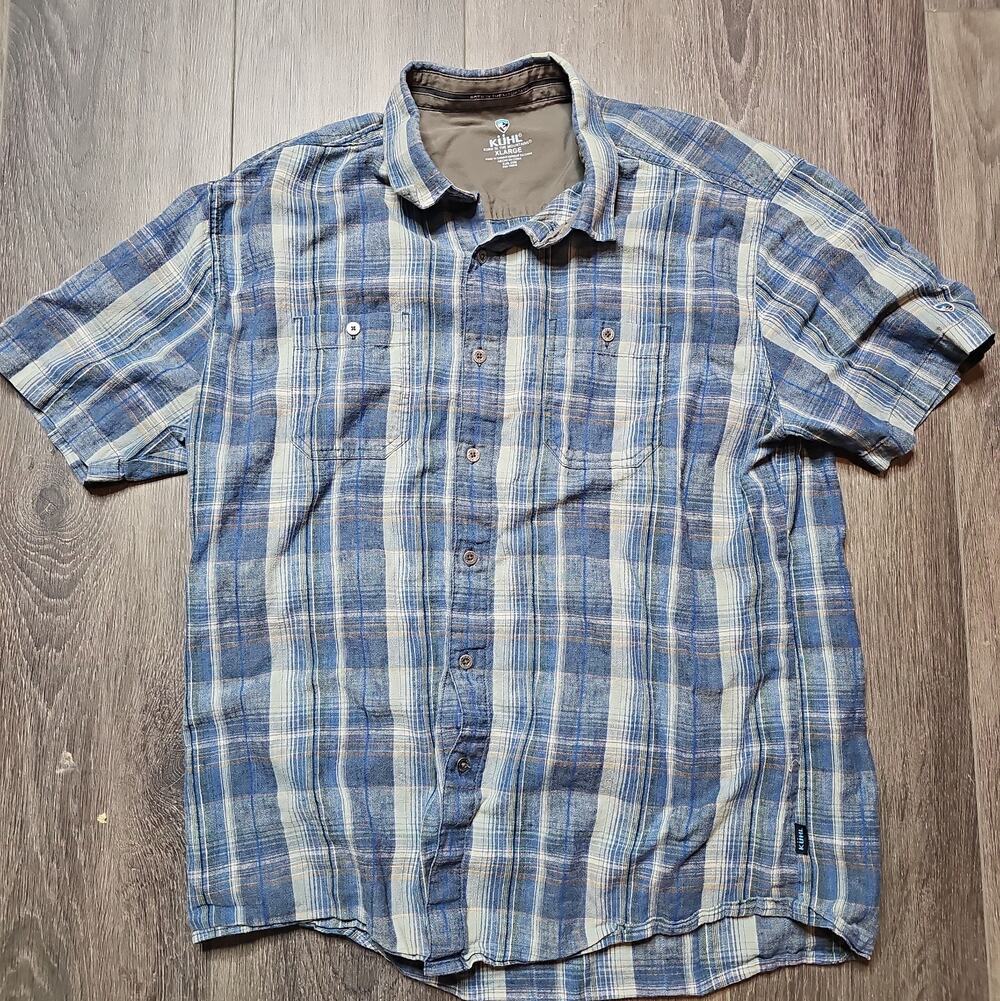 Kuhl Skorpio Linen Button Up Shirt Mens Sz XL Blue Plaid Outdoors Casual
